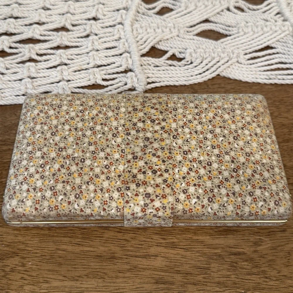 VTG Travel Jewelry Box Clamshell Hard Case Floral Gold Base Mirror MCM 70s 80s